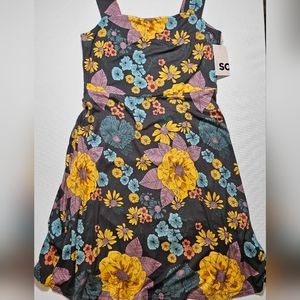 Women's Midi Dress SO Flower Print Gray Gold Pink Size Small 70s Inspired Casual